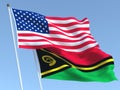 The flags of United States and Vanuatu on the blue sky. For news, reportage, business. 3d illustration