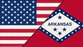 Flags of USA and Arkansas. Political concept. Two flags on fabric surface