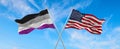 flags USA and asexuality Pride waving in the wind on flagpole against the sky with clouds on sunny day. 3d illustration Royalty Free Stock Photo