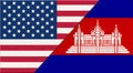Flags of USA and Cambodia. American and Macau national flags on fabric surface