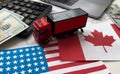 flags of the USA and Canada, dollars, charts Royalty Free Stock Photo