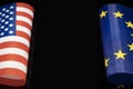 flags of the USA and European Union on a black background. The concept of interaction or counteraction between the two countries. Royalty Free Stock Photo