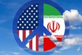 Flags of the USA and Iran inside the anti-war symbol of pacifism against a blue peaceful sky. Concept: peace and friendship