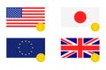 Flags USA Japan Europe Great Britain golden coins yen dollar pound euro exchange. Flat design EPS 10 Royalty Free Stock Photo