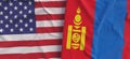 Flags of USA and Mongolia. Linen flag close-up. Flag made of canvas. United States of America. Ulan Bator. State national symbols