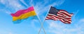 flags USA and Pansexuality Pride waving in the wind on flagpole against the sky with clouds on sunny day. 3d illustration Royalty Free Stock Photo