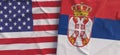 Flags of USA and Serbia. Linen flag close-up. Flag made of canvas. United States of America. Serbian. State national symbols. 3d