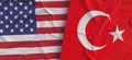 Flags of USA and Turkey. Linen flag close-up. Flag made of canvas. United States of America. Turkish, Ankara. National symbols. 3d