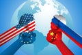Flags of usa or United States of America and European Union or EU VS China and Russia on hands punch to each others on world map Royalty Free Stock Photo