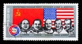 Flags of USA and USSR, cosmonauts: A. Leonov, V. Kubasov, T. Sta Royalty Free Stock Photo