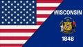 Flags of USA and Wisconsin. Political concept. Double flag 3d illustration