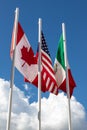 Flags of 3 USMCA countries made up of USA, Canada and Mexico