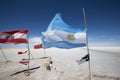 Flags from various countries in the Salar of Uyuni, Bolivia