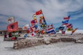 Flags of various nations at Salar de Uyuni Salt Lake, Bolivia