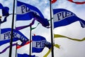 Flags wave vibrantly at Pier 39 in San Francisco under an overcast sky Royalty Free Stock Photo