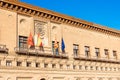 Flags of Zaragoza, Spain, Aragon and the European Union near the building of the City Hall of Zaragoza, Spain. Royalty Free Stock Photo