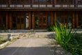 Flagstone-paved street before Chinese traditional building in sunny summer morning