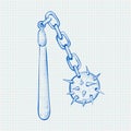 Flail. Medieval weapon - spiked metal ball with chain. Blue hand drawn sketch on lined paper background