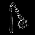 Flail. Medieval weapon - spiked metal ball with chain and wooden handle. White sketch on black background Royalty Free Stock Photo