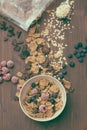 Flakes with berries in brown bowl Royalty Free Stock Photo