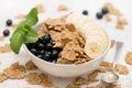 Flakes with blueberries and banana on brown bowl on white background Royalty Free Stock Photo