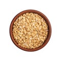 Flakes rolled oats in bowl isolated on white background. Top view Royalty Free Stock Photo