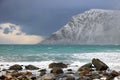 Winter stormy landscape of Skagsanden beach, Flakstad, Lofoten islands, Norway, Europe