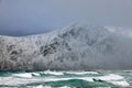 Winter stormy landscape of Skagsanden beach, Flakstad, Lofoten islands, Norway, Europe