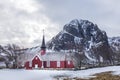 Flakstad Norway. 03-07-2022.Red wooden church  near Flakstad at Lofoten islands in Norway. Royalty Free Stock Photo