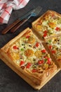 PUFF PASTRY BREAKFAST TART WITH EGGS AND TOMATOES Royalty Free Stock Photo