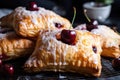 flaky puff pastry turnovers with cherry filling and sugar sprinkle on top