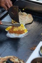 Flaky scallion pancake. Taiwan`s popular breakfast. Chef cooking Flaky scallion pancake menu. Asian street food.