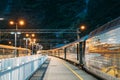 Flam, Norway. Famous Railroad Flamsbahn. Green Norwegian Train Near Railway Station