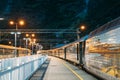 Flam, Norway. Famous Railroad Flamsbahn. Green Norwegian Train Near Railway Station