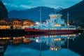 Flam, Norway. Touristic Ship Boat Moored Near Berth In Sognefjord Port. Summer Night. Norwegian Longest And Deepest Royalty Free Stock Photo