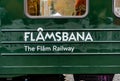 Flam, Norway, OCTOBER 2019: exterior of a Flamsbana Flam Line train carriage, a long railway line between Myrdal and FlÃÂ¥m in Royalty Free Stock Photo