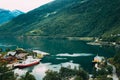 Flam, Norway. Touristic Ship Boat Moored Near Berth In Sognefjord Port. Aerial View In Summer Evening. Norwegian Longest Royalty Free Stock Photo