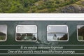 Flam train wagon in Norway. Norwegian mountain landscape. Tourism.