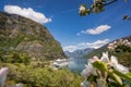 Flam village with ship in harbor against fjord during spring time, Norway Royalty Free Stock Photo