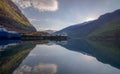 Flam village with water reflection of the ford