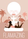 Flamazing. Vector hand drawn illustration of girl on the fountain with flamingo and palms.