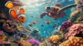Flamboyant clownfish and a wise old sea turtle, AI generated