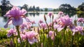 Romantic Iris Flowers Along A Lake In Heian Style