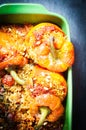 Flame bell peppers stuffed with spiced, aromatic rice and baked in the oven. Royalty Free Stock Photo