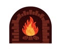 Flame in brick fireplace. Firewood burning in furnace. Home interior heat object drawing vector isolated illustration