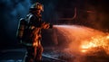 Flame burning, firefighter spraying, metal melting, factory industry, protective workwear generated by AI Royalty Free Stock Photo