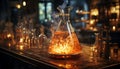 Flame burning glass, liquid pouring, glowing candlelight, whiskey in flask generated by AI