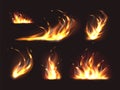 Flame elements. Realistic different shapes combustion, isolated 3d fires, blazing jet, campfires and flames with flying