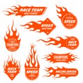 Flame emblem. Speed car race team patch, sport champions label sticker and hot fire badge vector set