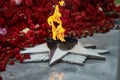 May 9, Victory Day, holiday background. Carnations, eternal flame, a monument - a symbol of May 9, the memory of the war